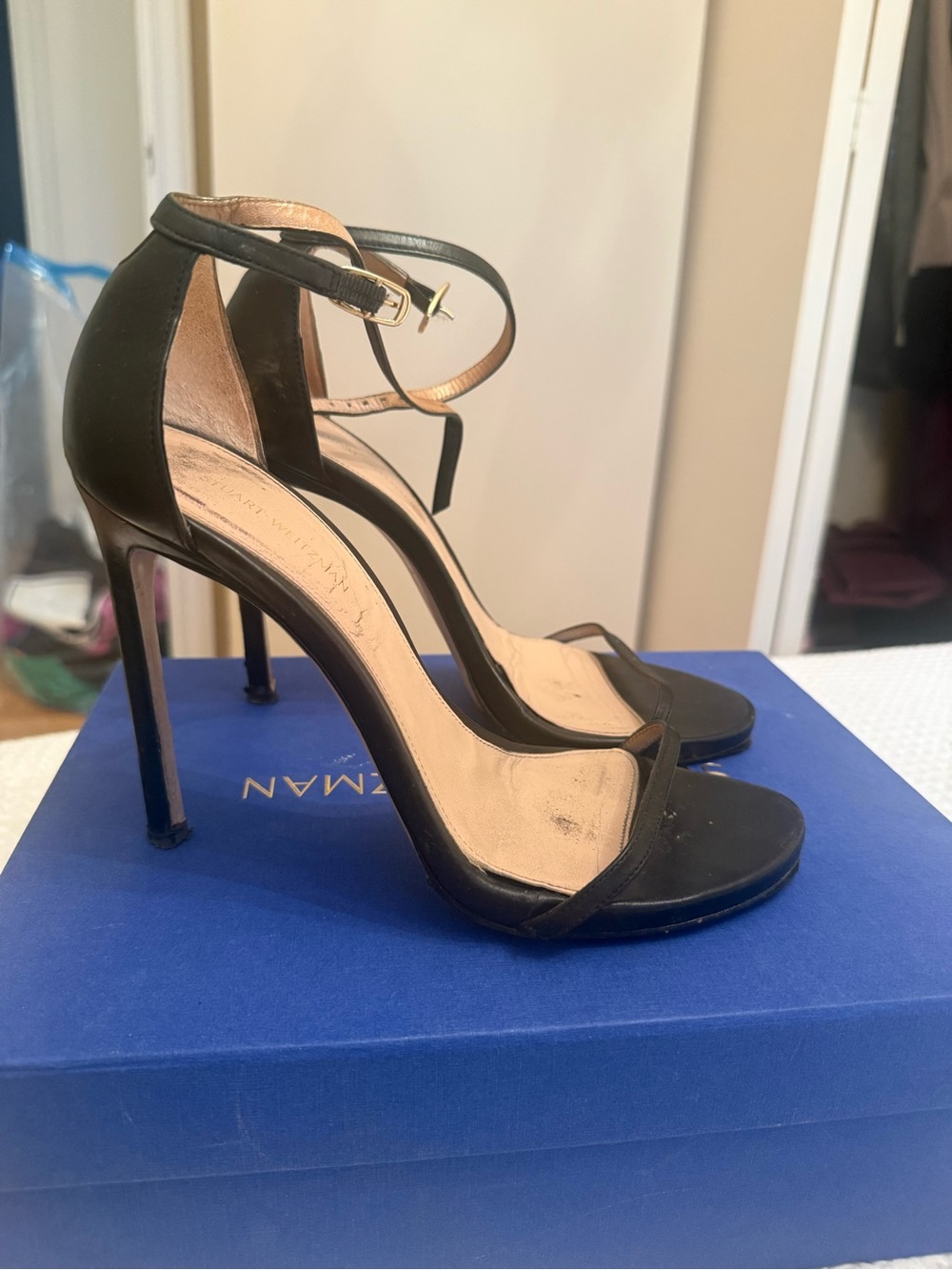 Stuart Weitzman Black Leather Ankle-Strap Stiletto Sandals